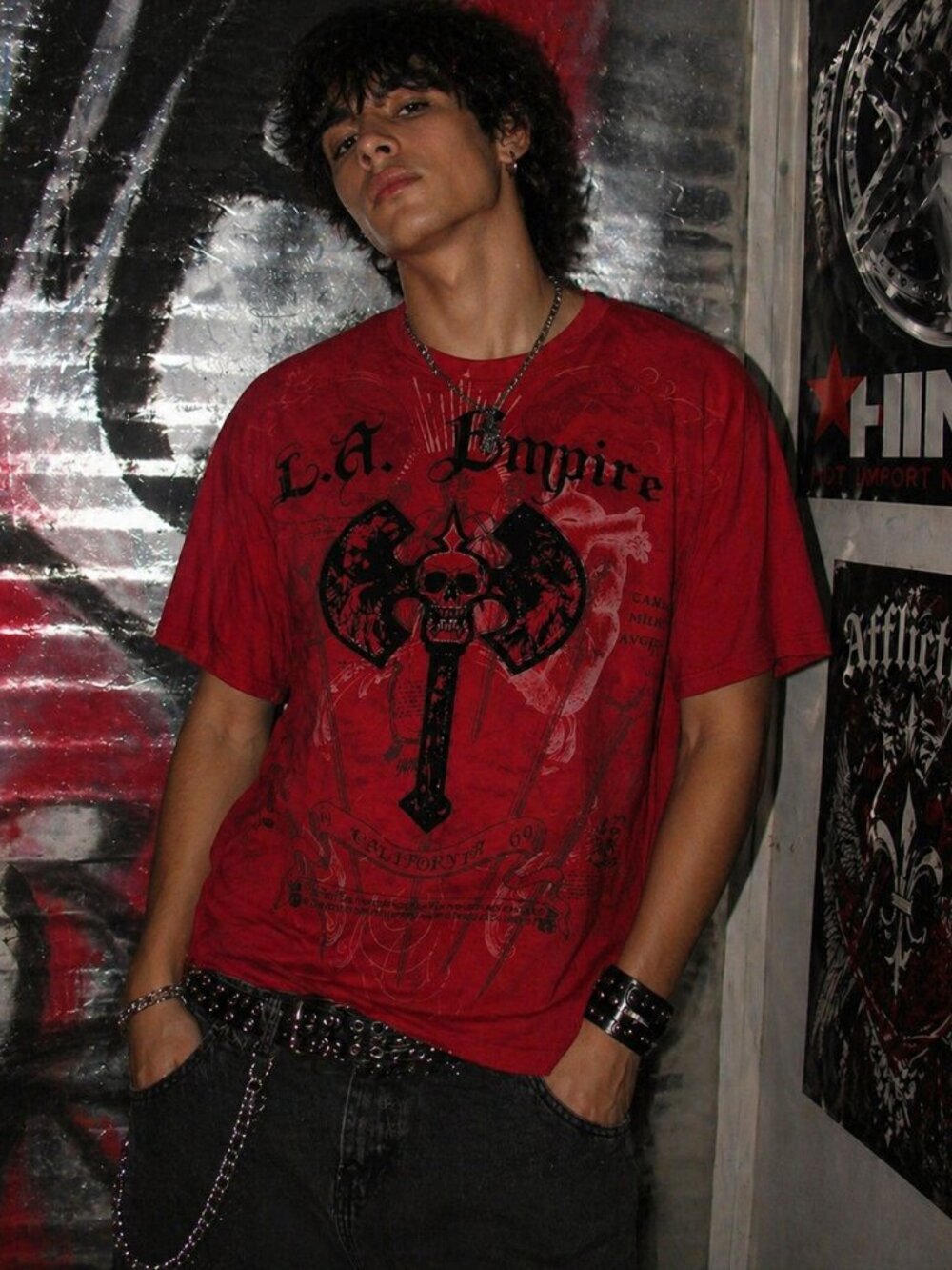 Y2K Cross Skull Graphic T-Shirt Tee Red Black Grunge XL